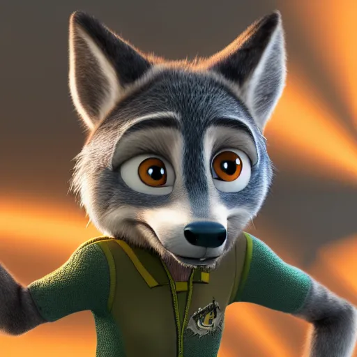 Prompt: portrait, 3d render , anthropomorphic wolf female, wearing a torn knee langth jacket , in the style of Zootopia
