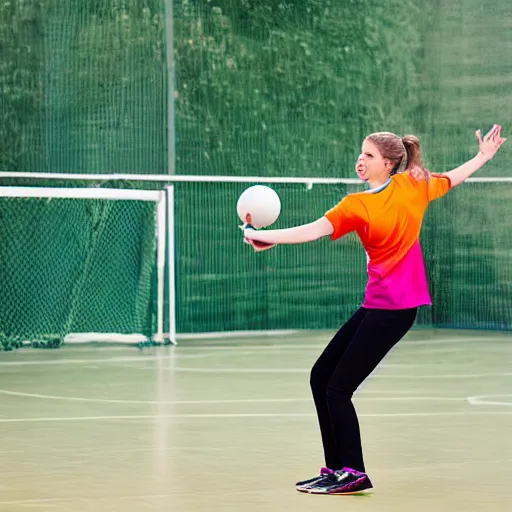 Prompt: one young woman playing handball