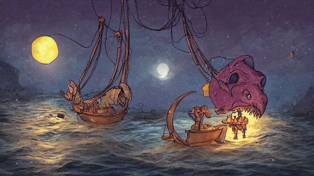 Image similar to a giant!!!! anglerfish!!!! breaking the surface of the water meets a lantern - holding!!!! sailor!!!! on a ( sloop ), ( background with large full moon and purple sky ), in the styles of tom coletti, jorge jacinto, and thomas veyrat intricate, accurate details