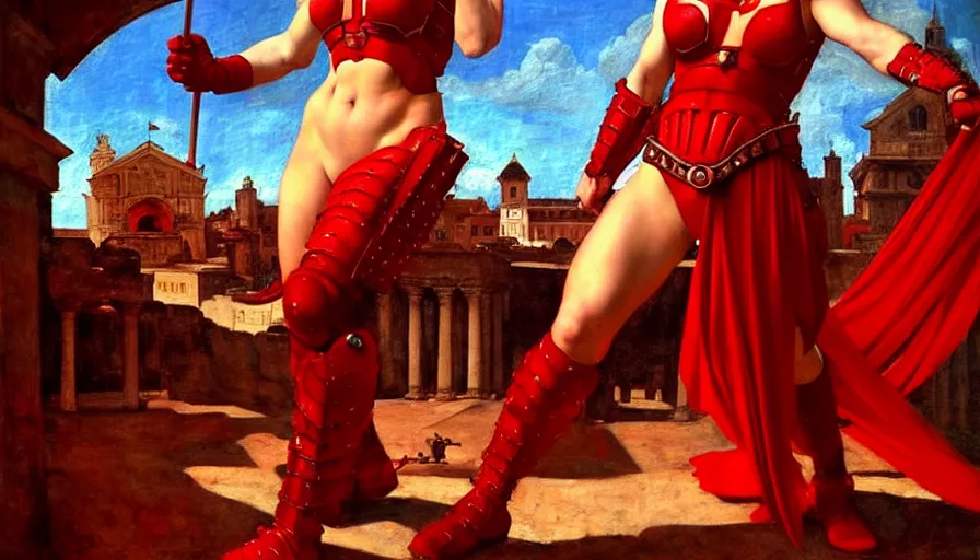 Image similar to only with red, an armored female gladiator in a crowded roman amphitheatre, crowd cheering, in the style of rolf armstrong and ambrosius benson and edward hopper and and rodcenko, intricate and epic composition, red by caravaggio, highly detailed, masterpiece, red light, artstation