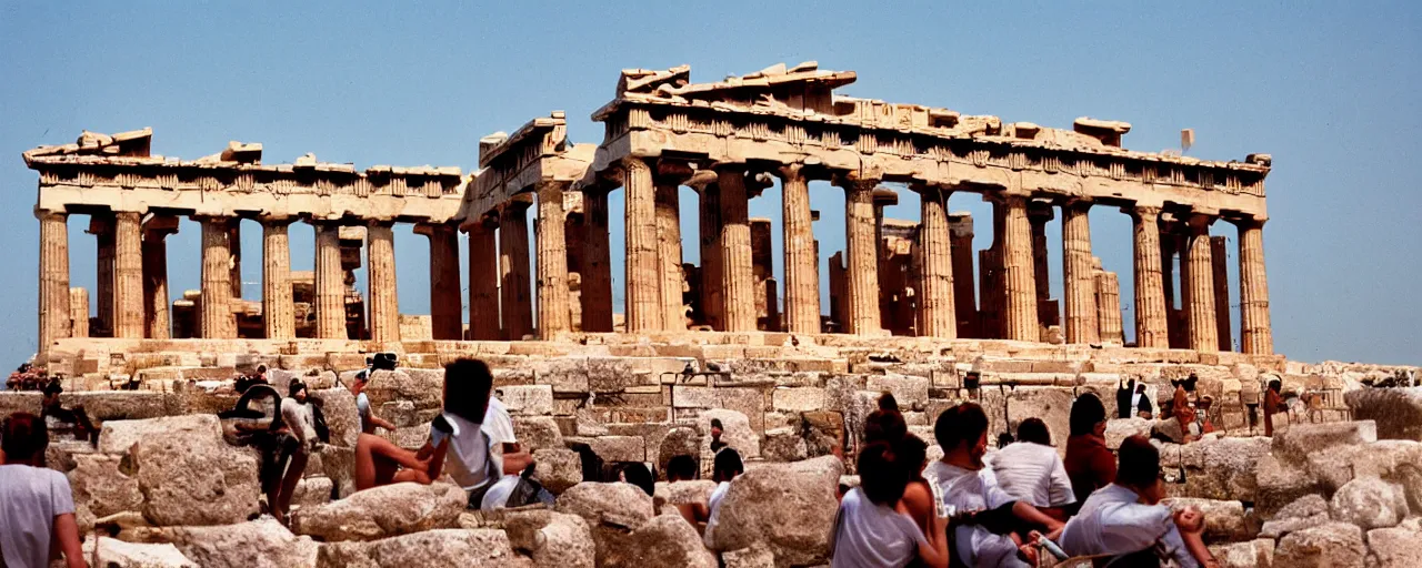 Prompt: ancient greeks at the parthenon, mounds of spaghetti, architectural, minimal, canon 5 0 mm, wes anderson film, kodachrome, retro