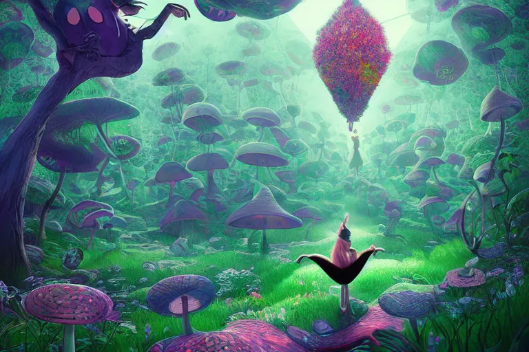 Image similar to alice in wonderland digital illustration by ilya kuvshinov, cheshire cat in a surreal psychedelic mushroom forest by beeple