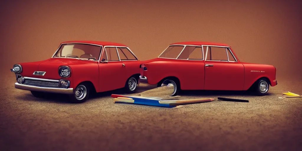 Image similar to a small miniature of a red Chevrolet Opala near a book and a pencil on a wooden table, hyperrealistic, concept art, octane render, unreal engine 5, path tracing, complementary colours, high quality, highly detailed, 4K, symmetrical, low contrast, centered, house interior background