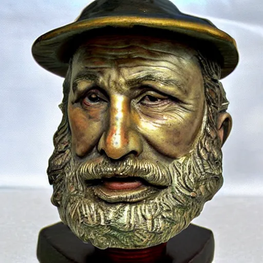 Image similar to hyper realistic closeup bust of a new england fisherman, painted, colorized, bossons vintage chalkware,