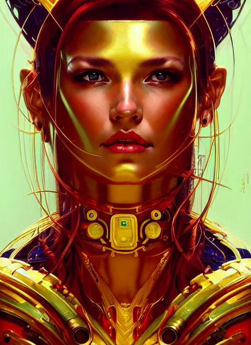 Image similar to portrait of a beautiful cyberpunk amazonian woman wearing a gold red, beautiful symmetrical face, golden, fantasy, regal, by stanley artgerm lau, greg rutkowski, thomas kindkade, alphonse mucha, loish, norman rockwell.