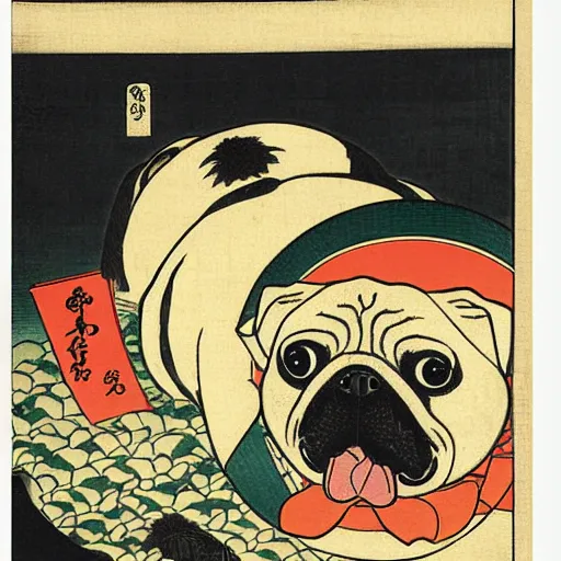 Prompt: pug, Ukiyo-e by Utagawa Kuniyoshi