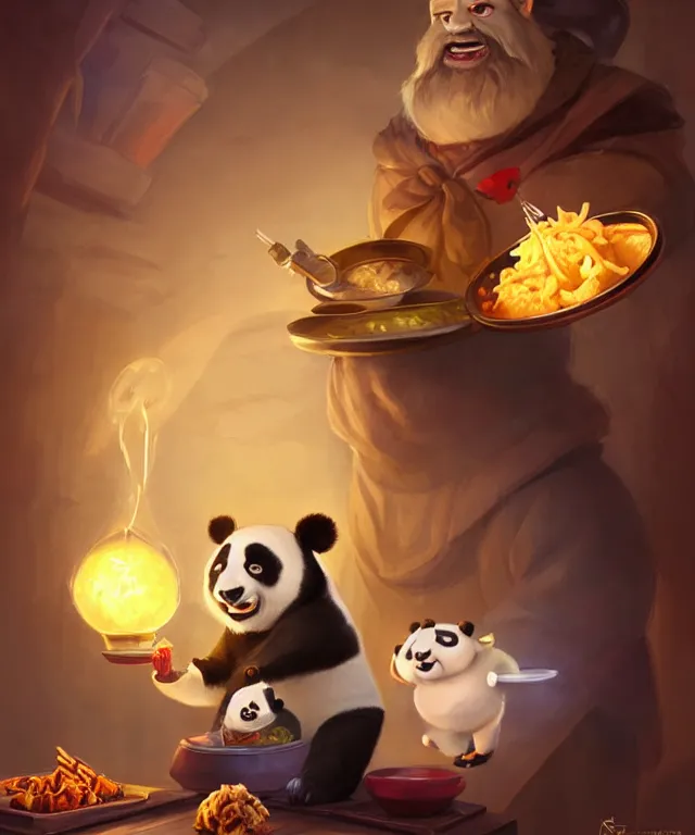 Image similar to a portrait an anthropomorphic panda mage eating chinese food, wearing mage robes, restaurant in background, cute and adorable, dnd character art portrait, well rendered matte fantasy painting, pixar style, by jason felix by steve argyle by tyler jacobson by peter mohrbacher, cinematic lighting