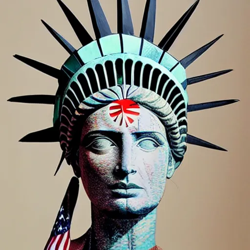 Prompt: a beautiful statue of liberty sculpture designed by Sandra Chevrier, american indian headdress, American stars and stripes on face, by Annie Leibovitz