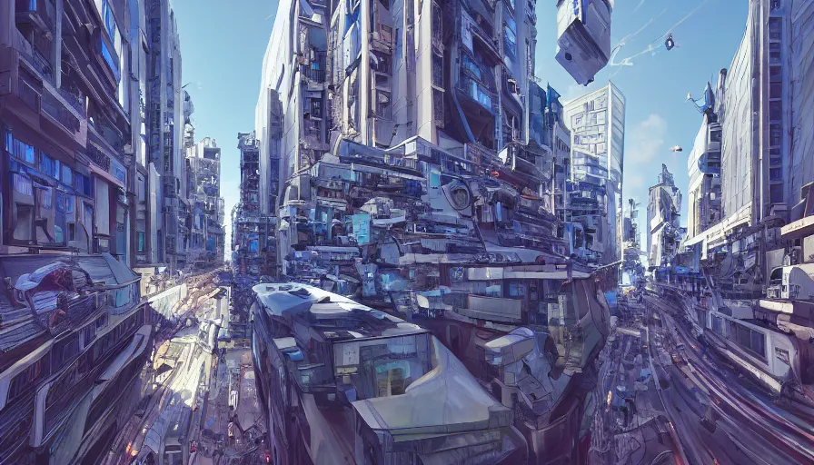 Prompt: pov of futuristic berlin streets with humongous blue buildings, crowded square, sunny day, hyperdetailed, artstation, cgsociety, 8 k