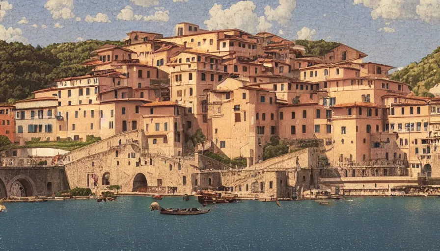 Image similar to italy historical sites by hasui kawase, artstation, cinematic composition, high brightness