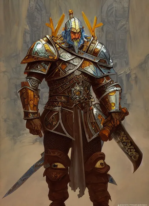 Image similar to Dwarven knight. Fantasy concept art. Epic painting by James Gurney, Azamat Khairov, and Alphonso Mucha. ArtstationHQ. painting with Vivid color. (Dragon age, witcher 3, lotr)