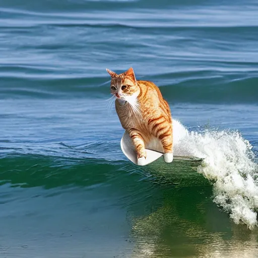 Image similar to cat nonchalantly surfs a gnarly wave,