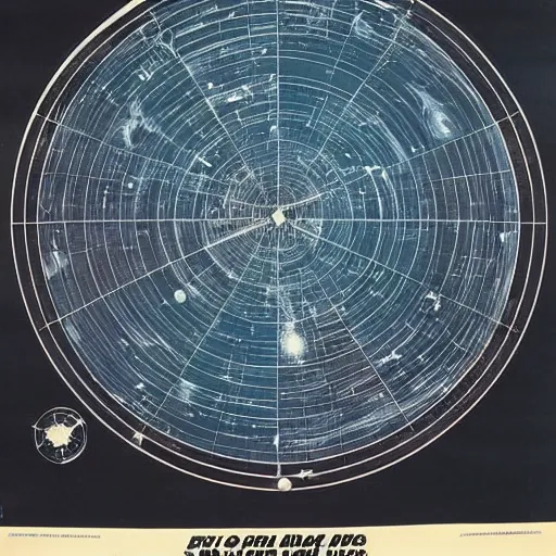 Prompt: full page scan of an intergalactic star map, 1970 movie poster, communist cuban propaganda