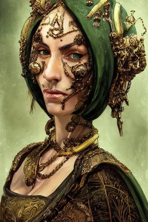 Image similar to portrait, headshot, digital painting, of a 17th century, beautiful, middle aged, middle eastern, wrinkles, wicked, cyborg merchant woman, dark hair, amber jewels, baroque, ornate dark green clothing, scifi, futuristic, realistic, hyperdetailed, concept art, art by waterhouse