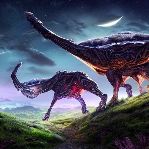 Prompt: landscape image with various different alien animals, extremely detailed digital matte painting, clear skies, night, vibrant, stunning lighting.