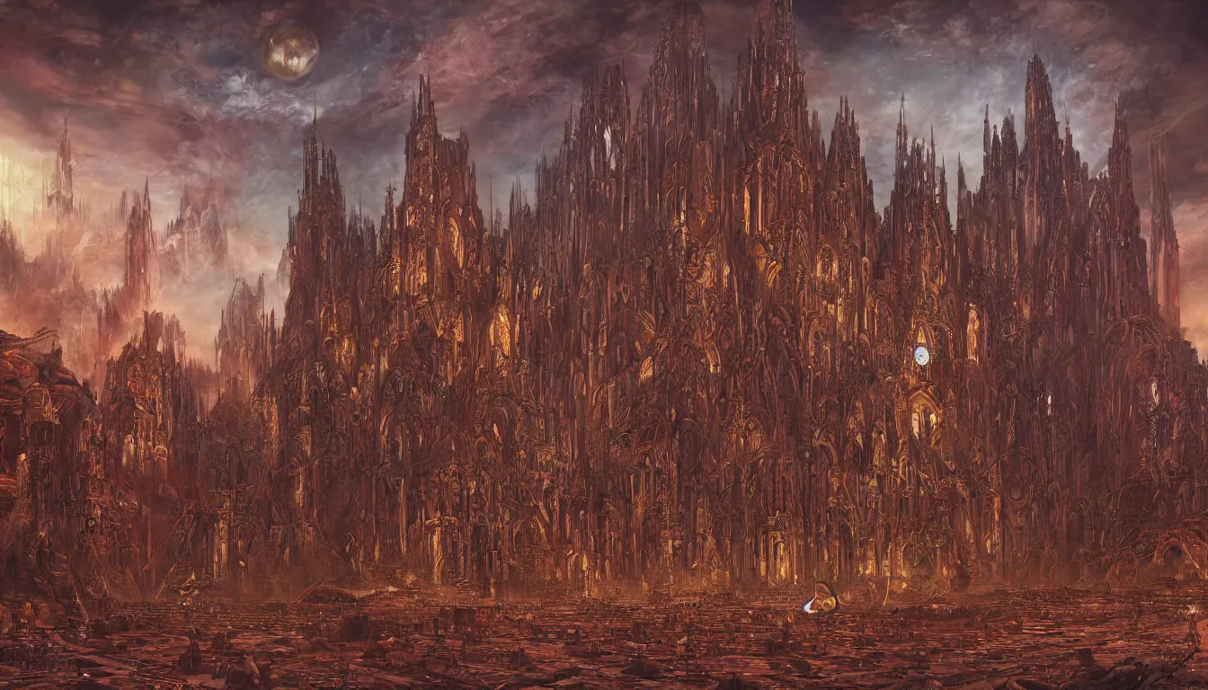 Prompt: An Adeptus Mechanicus Cathedral in Mars, digital art in the style of Patrick Woodroffe and Wayne Barlowe, highly detailed, trending on ArtStationHQ