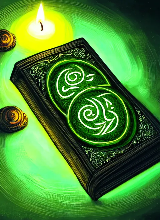 Prompt: illustration of a grand old book, arcane tome filled with green glowing runes, close up of book, runes, green glowing runes, intricate, elegant, candle light, highly detailed, digital painting, artstation, concept art, smooth, sharp focus, illustration, art by wlop, mars ravelo and greg rutkowski