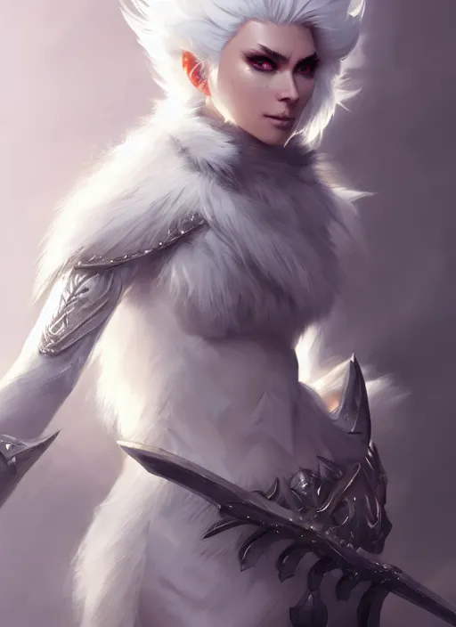 Image similar to fur - lined armor!!! beautiful and elegant white haired female!! gorgeous ayes!! character concept art, sharp focus, octane render! unreal engine 5! highly rendered!! trending on artstation!! detailed linework!! illustration by bussiere rutkowski andreas rocha