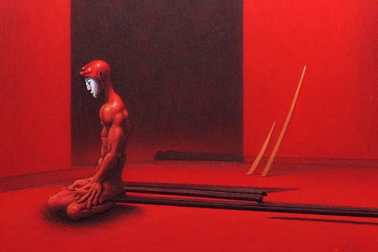 Image similar to only with red, a red samurai do seppuku, tokio, a lot of frogs watch, in the style of beksinski, parts by edward hopper, parts by rodcenko, parts by yue minjun, intricate and epic composition, red by caravaggio, insanely quality, highly detailed, masterpiece, red light, artstation, 4 k