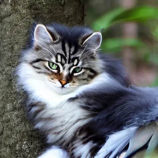 Image similar to siberian cat cuddling with magpie