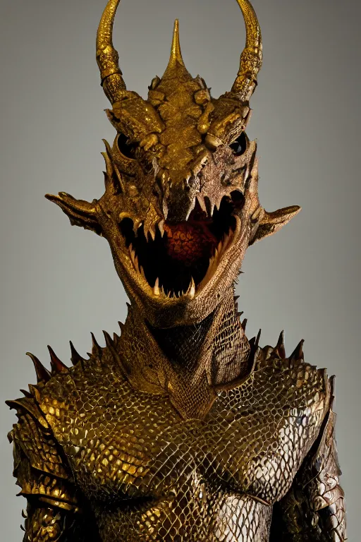 Image similar to a bronze-scaled dragonborn with numerous hornlike protrusions, dnd, fantasy, concept art, symmetrical face, reptilian features, beautiful bronze textured scales, glowing eyes, portrait, character portrait, Damien Guimoneau, Marcus Whinney, Keita Okada, Antonio J. Manzanedo, cinematic vision, ultra high detail, trending on artstation, 8k, high quality image