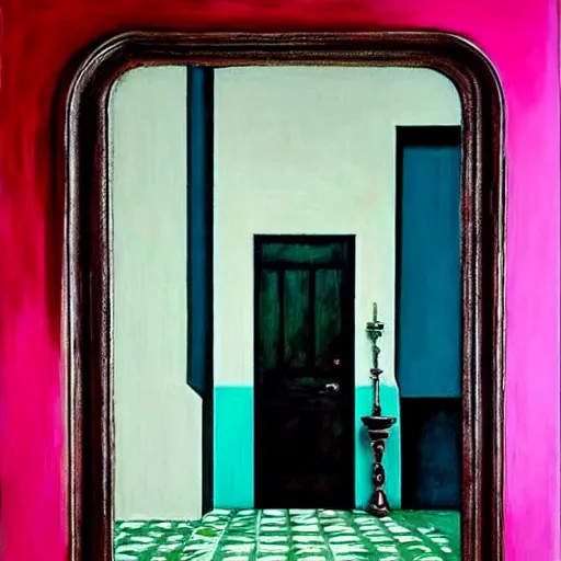 Image similar to diego dayer, hyperrealistic surrealism, award winning masterpiece with incredible details, a surreal vaporwave painting of pink door leading to a teal room, mirrors everywhere, highly detailed, hallway with black and white checkered floor, intricate, elegant