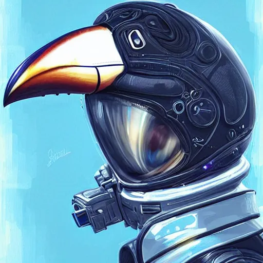 Image similar to a tucan in a astronaut suit, 3d, sci-fi fantasy, intricate, elegant, highly detailed, lifelike, photorealistic, digital painting, artstation, illustration, concept art, sharp focus, art in the style of Shigenori Soejima