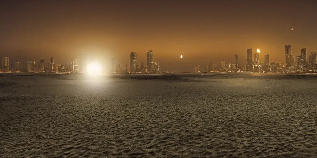 Image similar to a high detail photograph night time at a beach, cyberpunk city at night in the distance, two moons in the sky, realism, 8 k, award winning photograph