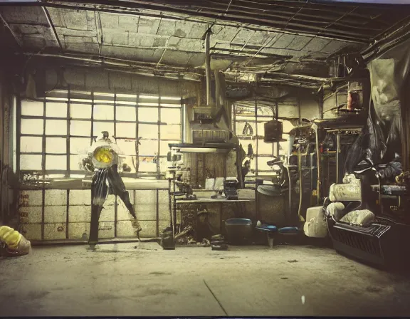 Prompt: kodak portra 4 0 0, wetplate, 8 k, shot of a highly detailed helium medium size room with figure film still 1 9 9 2 industrial chaos terror