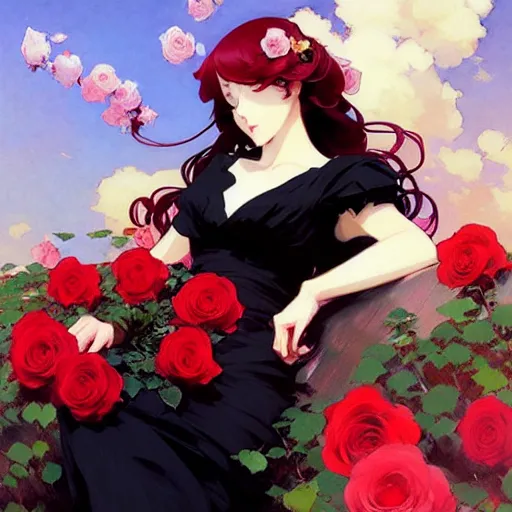 Image similar to beautiful rose anime red - hair girl in elegent black dress, laying on roses, krenz cushart, mucha, ghibli, by joaquin sorolla rhads leyendecker, by ohara koson