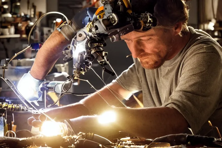 Image similar to cinematography closeup portrait of a Man soldering repairing robot parts in his garage by Michael Bay