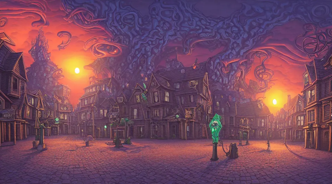 Image similar to empty lovecraftian town square surrounded by houses and inns. cthulhu statue. lovecraftian city at sunset by cyril rolando and naomi okubo and dan mumford and ricardo bofill. lovecraft. cobbled streets. oil lamp posts. lovecraftian. sunset swirly sky.