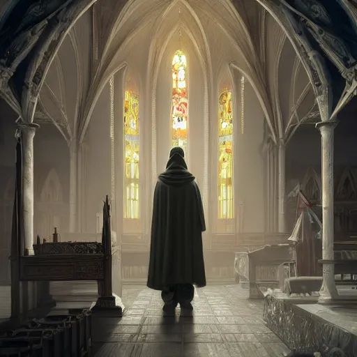 Image similar to epic portrait an hooded man praying in a church during a battlefield, digital painting, artstation, concept art, soft light, hdri, smooth, sharp focus, illustration, fantasy, intricate, elegant, highly detailed, D&D, matte painting, in the style of Greg Rutkowski and Alphonse Mucha and artemisia, 8k, highly detailed, jurgens, rutkowski, bouguereau, pastoral, rustic, georgic, detailed concept art, illustration, colorful pastel, painting, detail, ultra detailed, digital art, 4K,