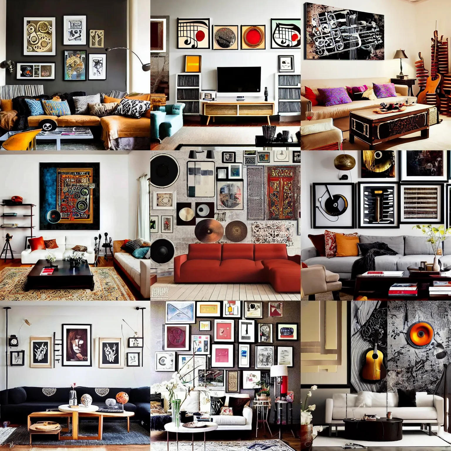 Prompt: living room interior design with style of japandi, art wall, music instruments, music records