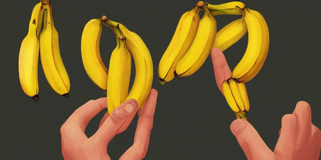 Image similar to two hands, each holding two bananas, each touching a banana on top, then touching a banana on bottom. each banana has a yellow light on top. the bananas are yellow, and there is a red light as the color of bananas, fantasy art, artstation, trending, ultra detailed, emotional