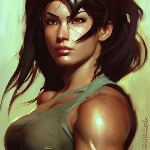 Image similar to greg manchess portrait painting of partially armored lara croft as overwatch character, close - up shot, asymmetrical, profile picture, organic painting, sunny day, matte painting, bold shapes, hard edges, street art, trending on artstation, by huang guangjian and gil elvgren and sachin teng