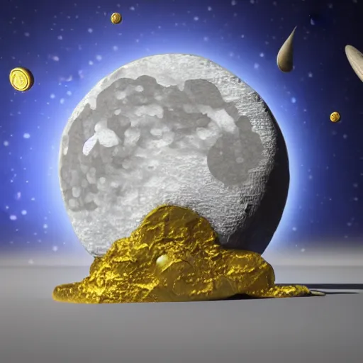 Prompt: a 3 d render of a coin crashing into the moon, exploding, space