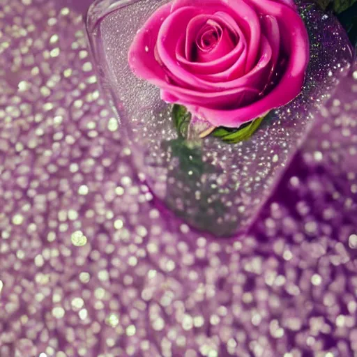 Prompt: perfume bottle surrounded by bouquet of artistic, luscious pink roses, romantic sparkly mist, soft femme, simple path traced, environment, up close shot