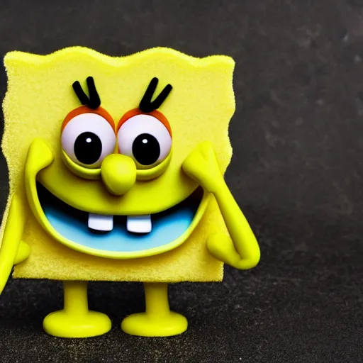 Prompt: a macro photograph of sponge bob squarepants figure