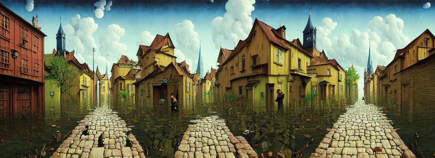 Image similar to flooded! old wooden empty cursed city street, very coherent and colorful high contrast masterpiece by gediminas pranckevicius rene magritte norman rockwell franz sedlacek, full - length view, dark shadows, sunny day, hard lighting, reference sheet white background