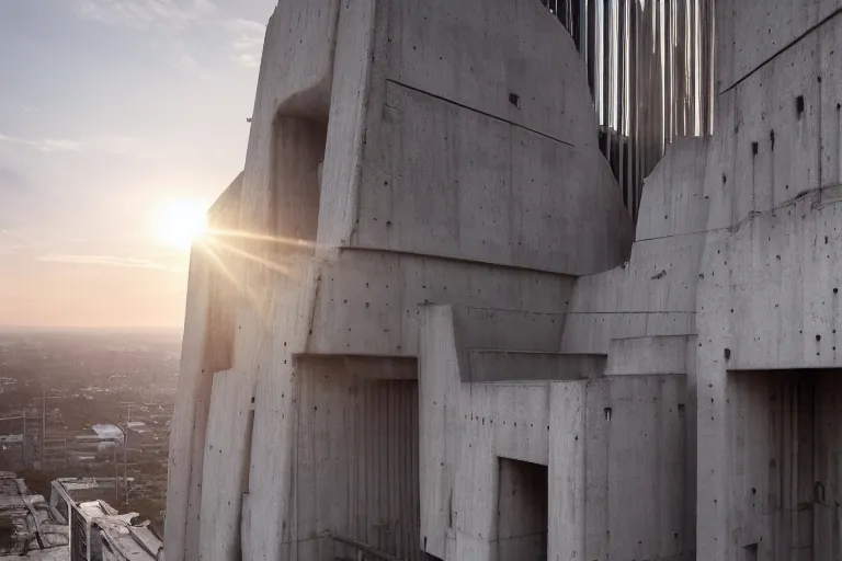 Image similar to an extremely detailed cathedral of brutalist architecture, stunning volumetric light, sunset, metal, concrete and translucent material, stunning skied, 8k, by Greg Rutkowski