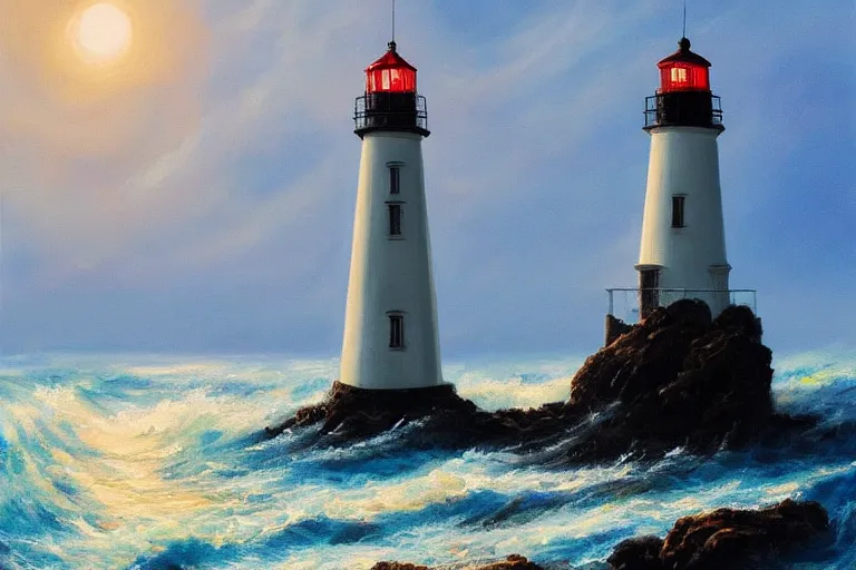 Prompt: A beautiful painting of a singular lighthouse, shining its light across a tumultuous sea by Jack Butler. very very detailed. trending on Artstation