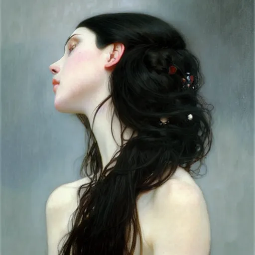 Prompt: portrait of a beautiful, pale skin, female with long black hair, dark, piercing eyes, gentle expression, elegant clothing, photorealistic, highly detailed, artstation, smooth, sharp focus, art by gustav klimt, artgerm, greg rutkowski and alphonse mucha