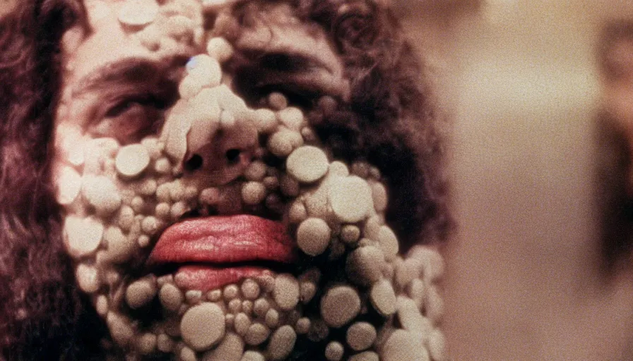 Image similar to 70s movie still of a man with trypophobia deep mouth in hospital, eastmancolor, heavy grain, high quality, higly detailed, liminal space