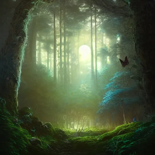 Prompt: a beautiful hyper realistic detailled matte painting of a dark serene forest of faeries at night, moss and flowers, butterflies by night, by Moebius and John Howe and Albert Bierstadt and Alena Aenami, unreal engine, trending on artstation, barometric projection, rectilinear
