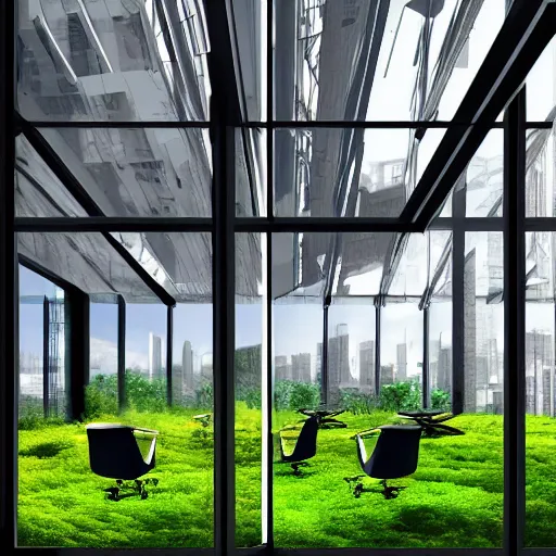 Image similar to an office with moss chairs, windows of an over grown city in the background hyper realistic digital art