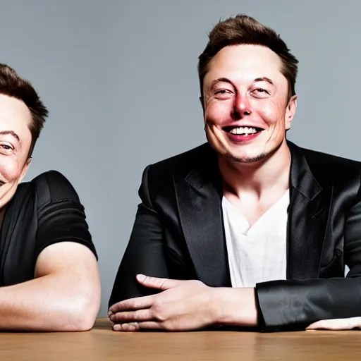 Image similar to A portrait photo of Elon Musk teams up with a teenage Elon Musk, perfect faces, 50 mm, award winning photography