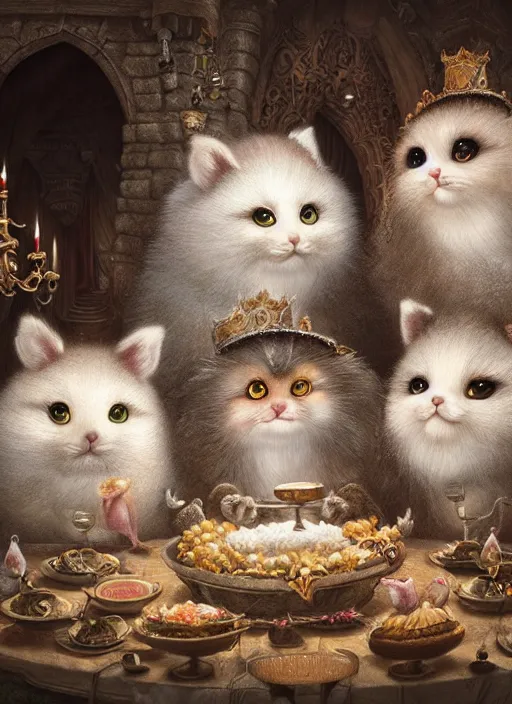 Prompt: highly detailed group closeup portrait of cute fluffy animals having a banquet in a castle, unreal engine, nicoletta ceccoli, mark ryden, earl norem, lostfish, global illumination, god rays, detailed and intricate environment