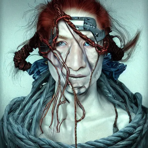 Image similar to portrait of a Shibari rope wrapped face and neck, headshot, insanely nice professional hair style, dramatic hair color, digital painting, of a old 15th century, old cyborg merchant, amber jewels, baroque, ornate clothing, scifi, realistic, hyperdetailed, chiaroscuro, concept art, art by Franz Hals and Jon Foster and Ayami Kojima and Amano and Karol Bak,