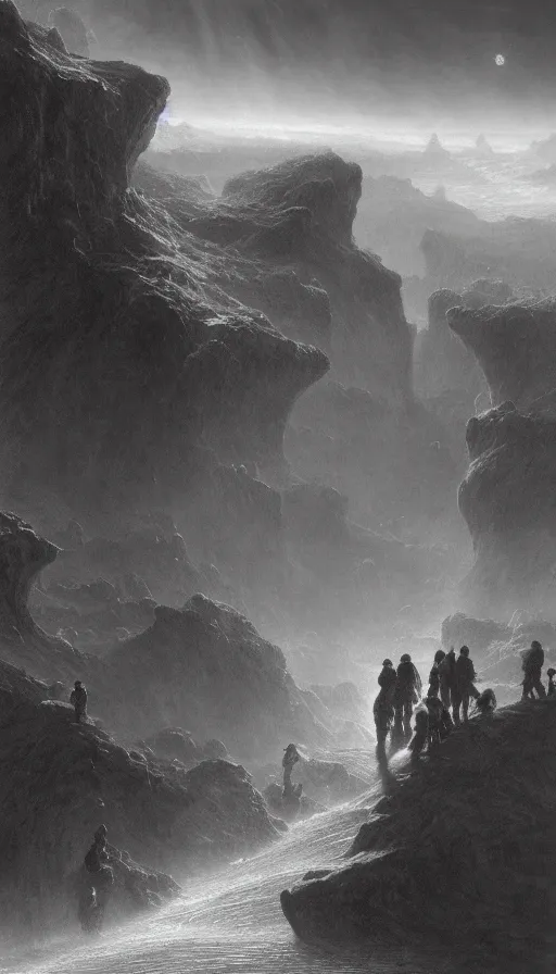 Prompt: Crossing the chasm in alien territory, Gustave Dore, people walking into the horizon, trending on artstation